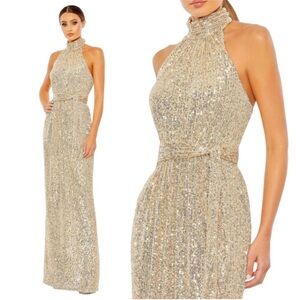 Mac Duggal 11281 Champagne Gold Sequined Halter Gown Dress size 8 or size 10